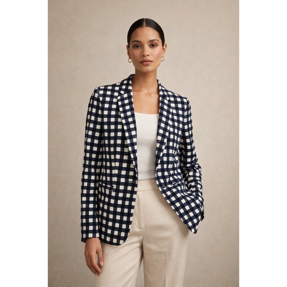 Banana Republic‎ Navy White Gingham Check Blazer Jacket Women's Size 12
